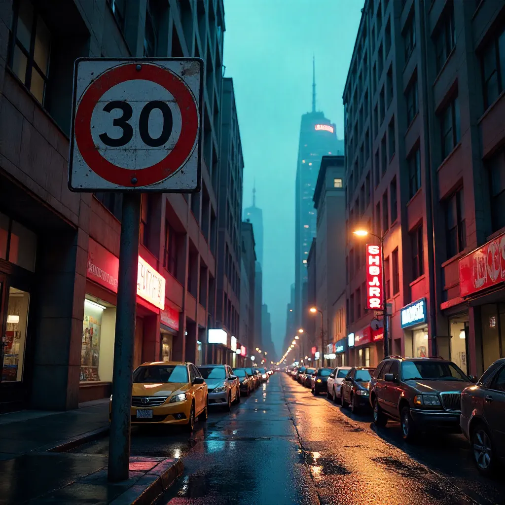 Urban Streetscape: 30 Speed Sign Amid Concrete Structures