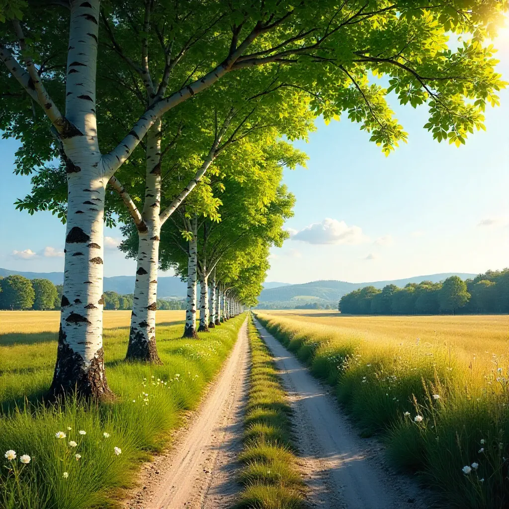 Birch-Lined Rural Lane to the Horizon