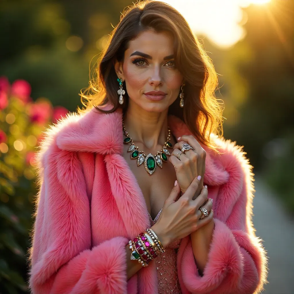 Glamorous Woman in Pink Fur Coat with Vibrant Jewelry Outdoors
