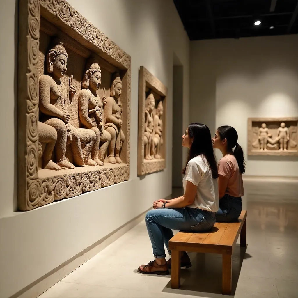 Two Women by Cambodian Stone Carvings in Gallery