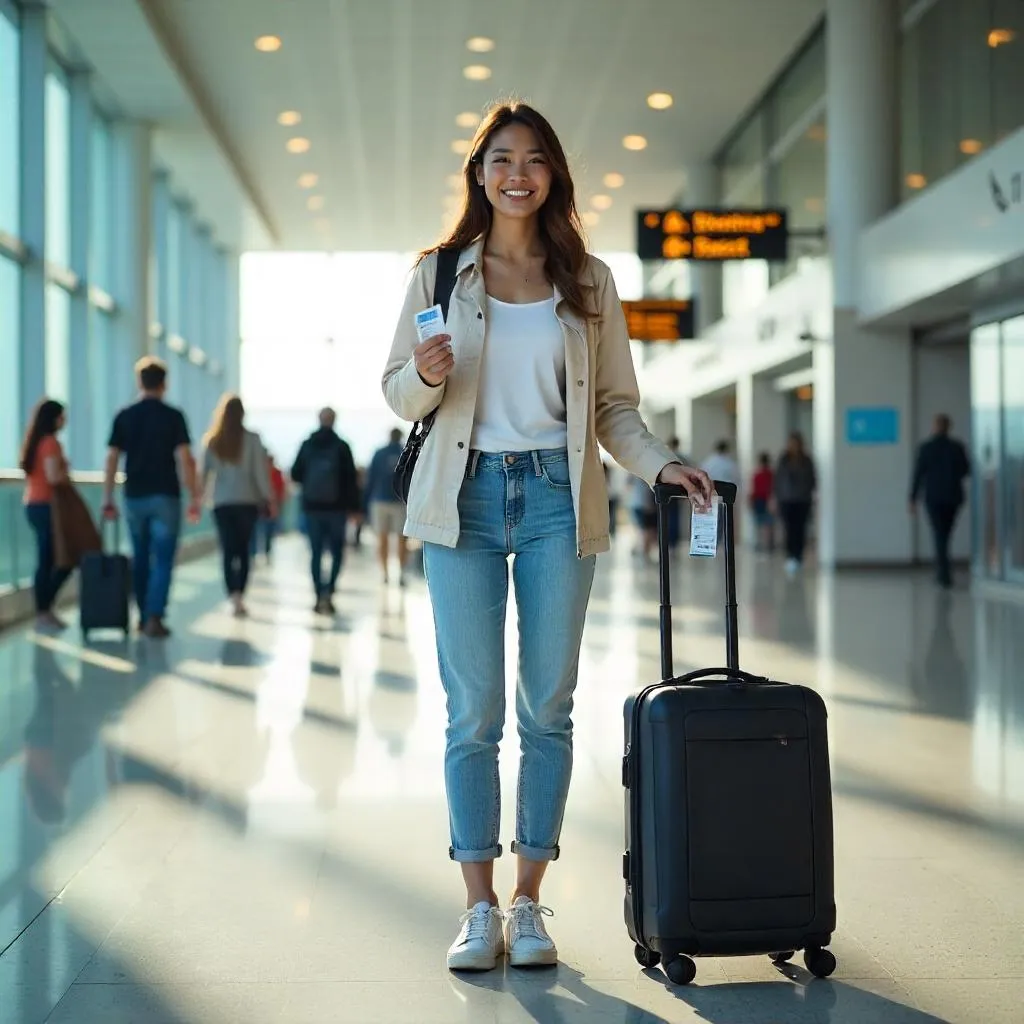Cheerful Asian Traveler in a Modern Airport