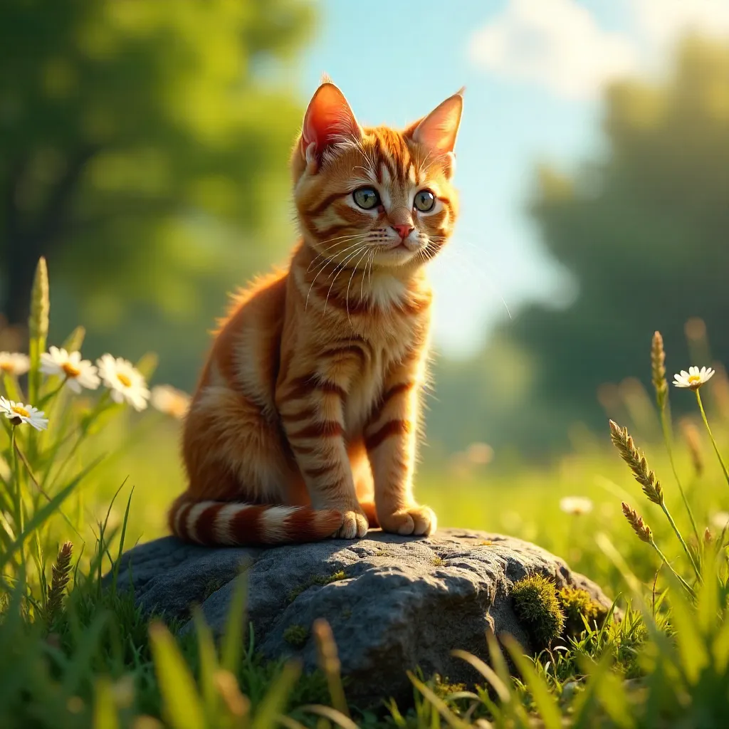 Ginger Tabby on a Sunlit Rock Amid Greenery
