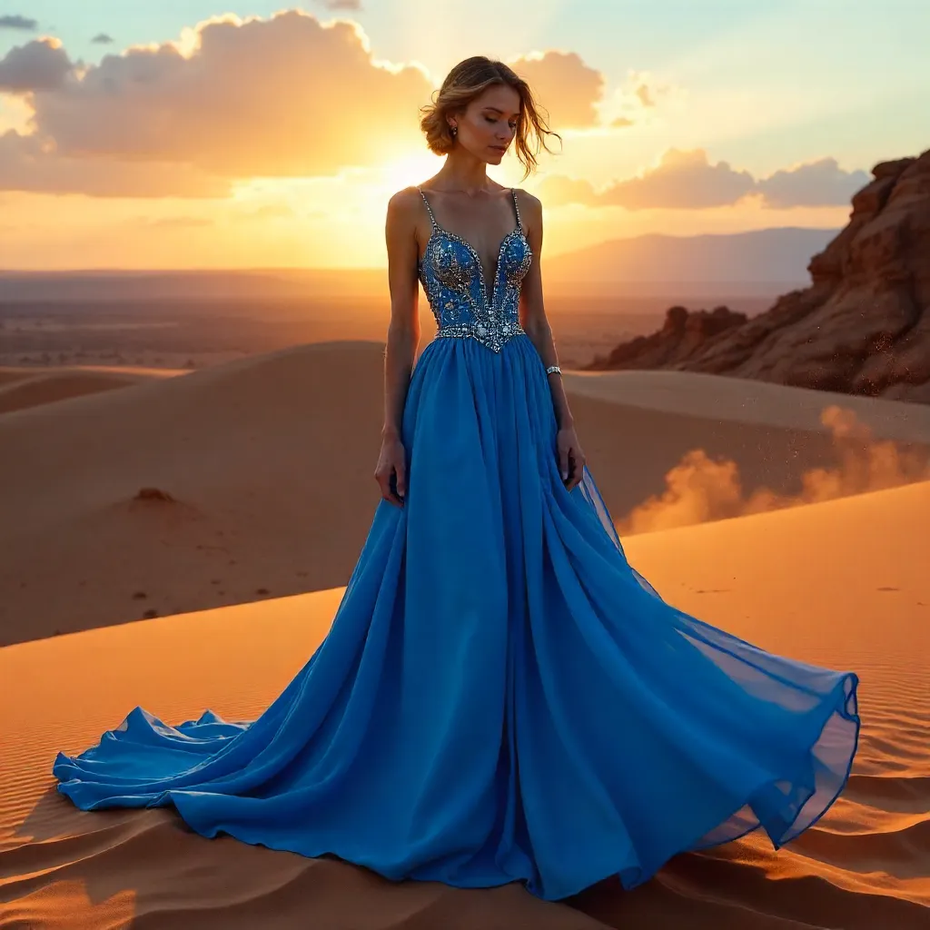 Elegant blue gown in desert twilight