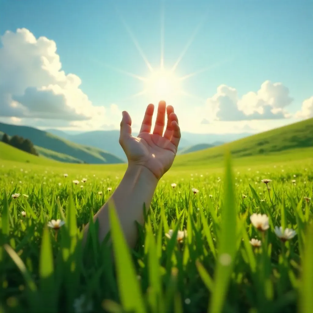 Solitary Hand Reaching Toward Freedom in a Green Landscape