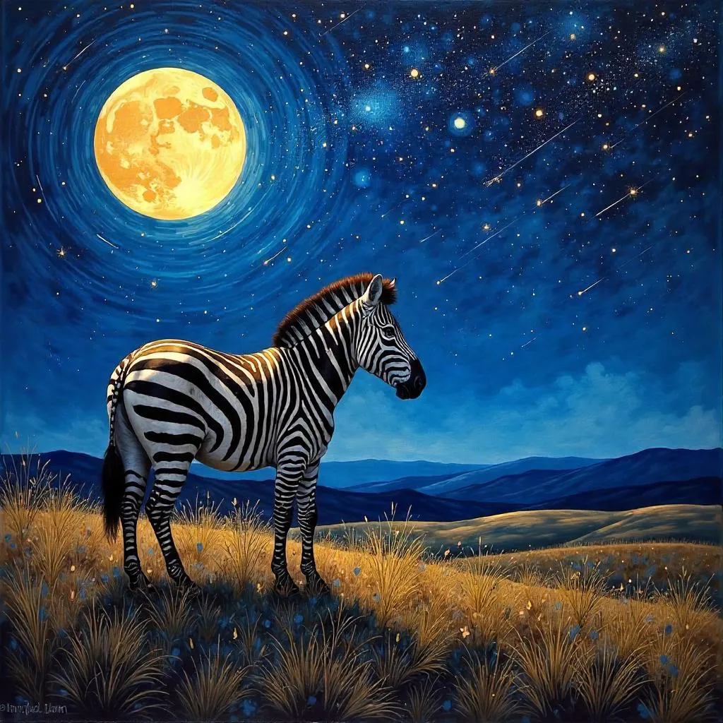 Zebra under a Meteor Shower: An Oil Painting Dream