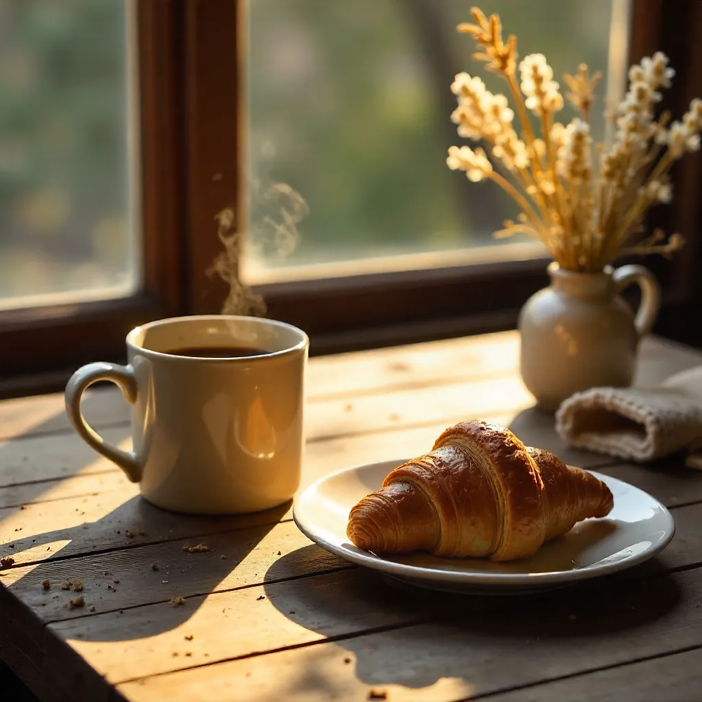 Cozy Morning Coffee and Croissant by Window