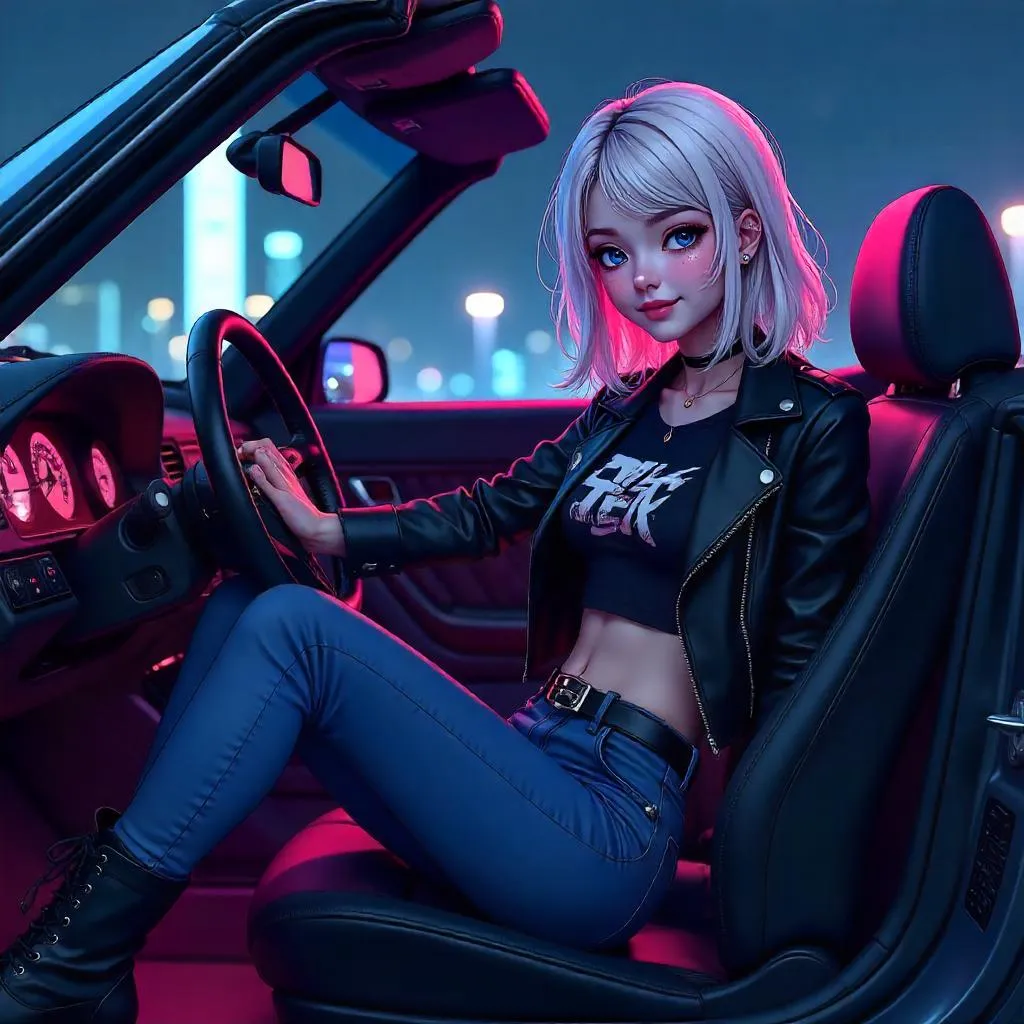 Stylish Anime Girl in a Neon Car Night