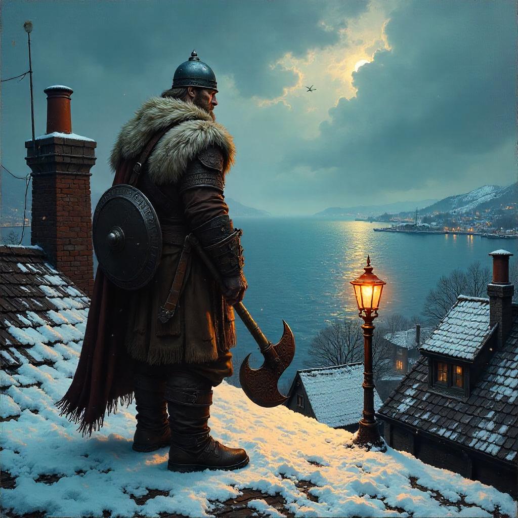 Viking on a Rooftop in an Oil Painting