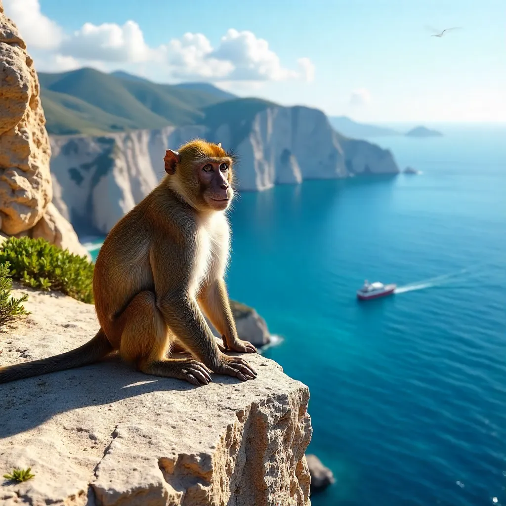 Barbary Macaque on Gibraltar Rock Over Azure Sea