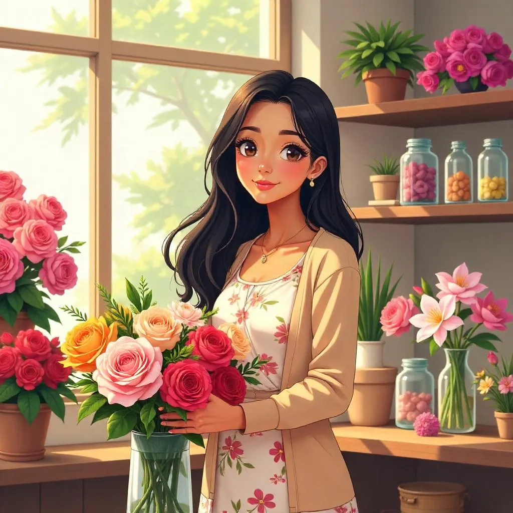 Anime Latina Woman in a Blooming Flower Shop