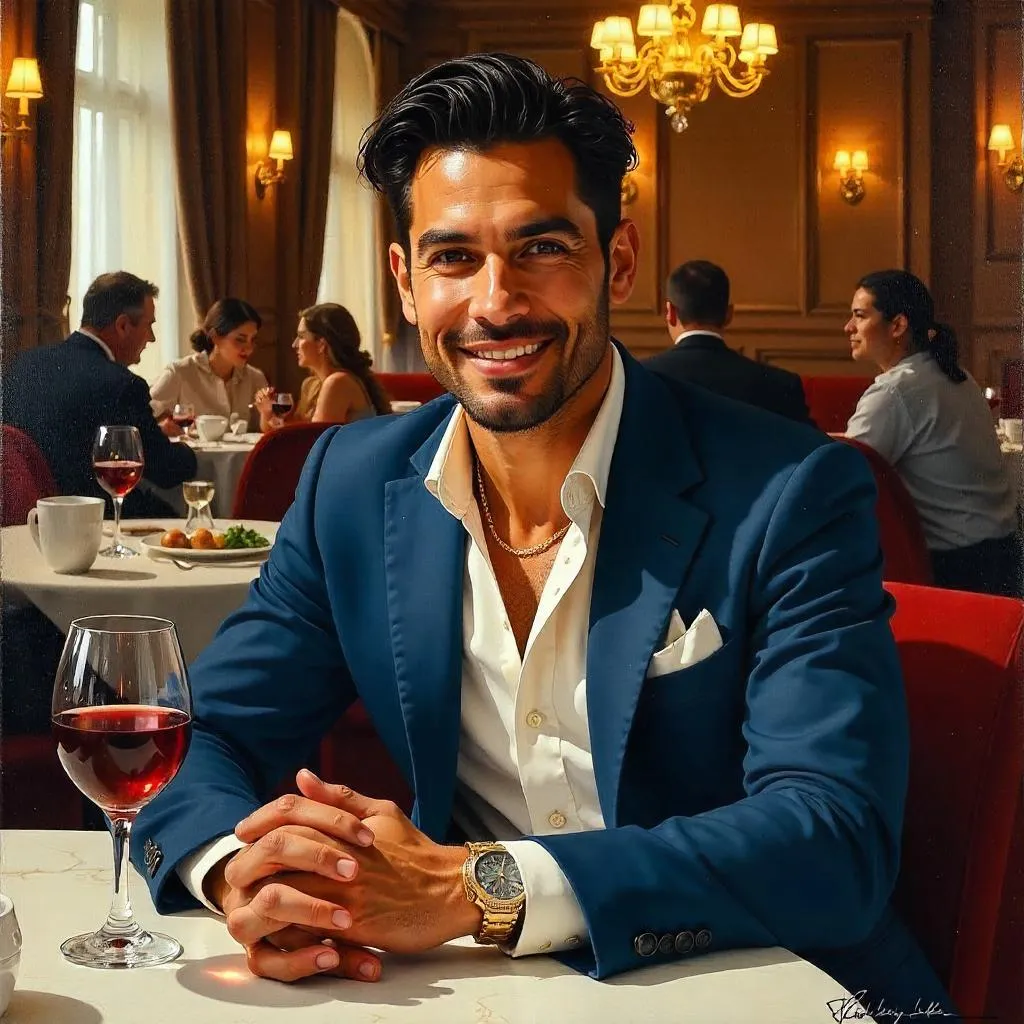 Oil Portrait of a Handsome Latino Man in a Restaurant