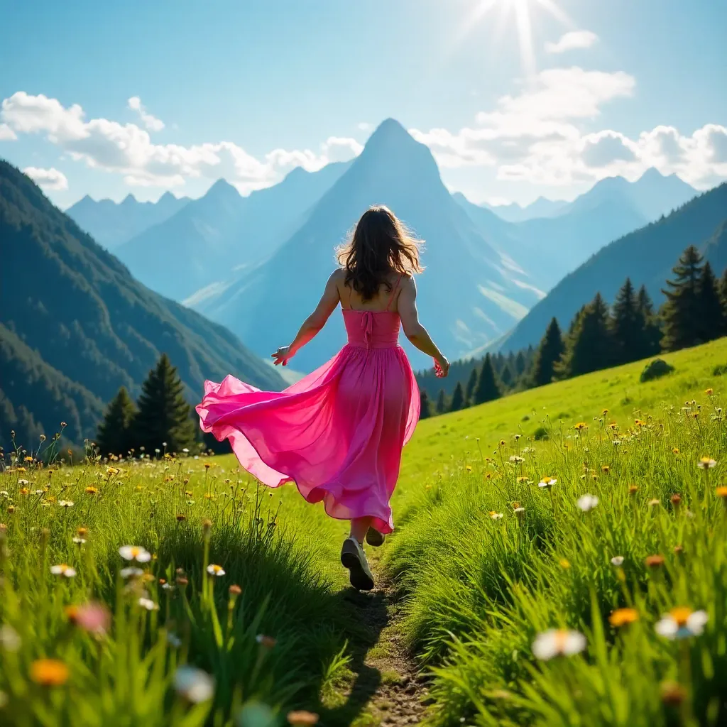 Pink Dress in Slovenian Meadow Under Alpine Backdrop