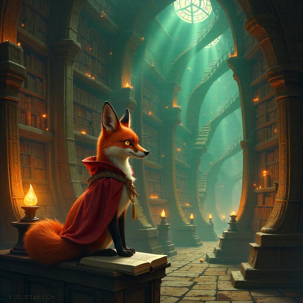 Fox Concept Art in a Magical Library