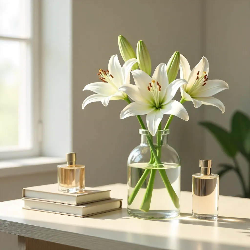 Minimalist desk with white lilies in glass vases