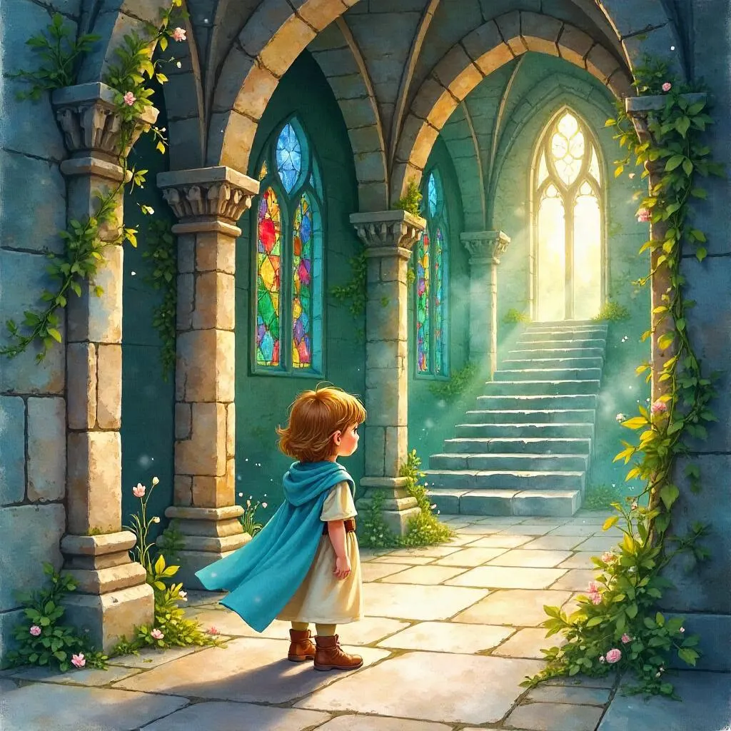 Watercolor Child Exploring an Enchanted Castle