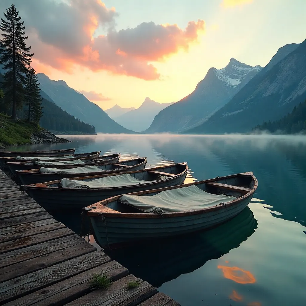 Dawn on a tranquil lake with covered boats