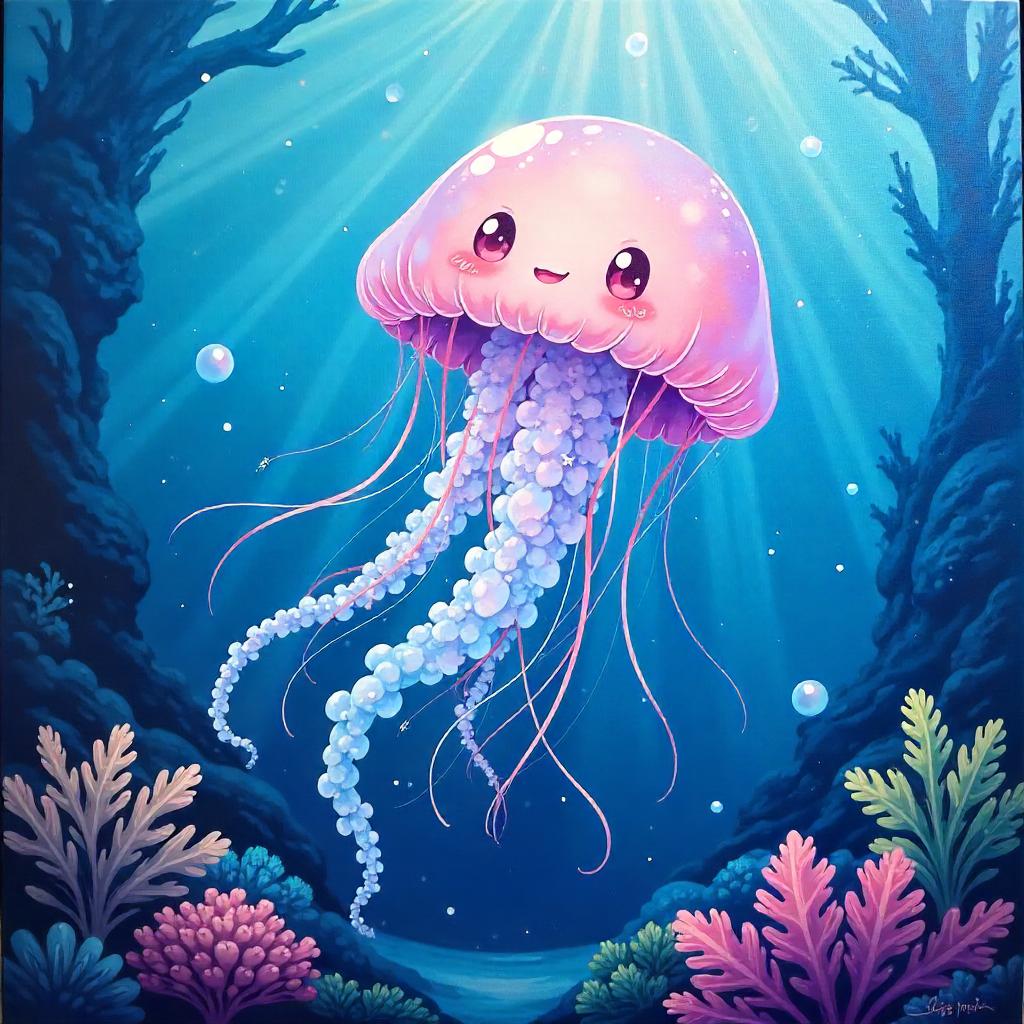 Anime Jellyfish in a Dreamlike Painted Ocean