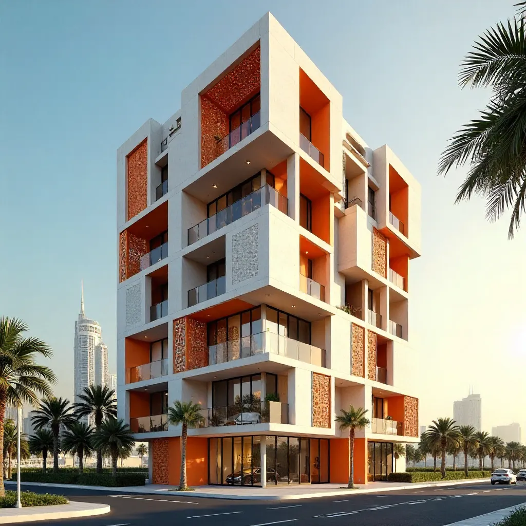 Striking Geometric Dubai Facade with Orange Accents