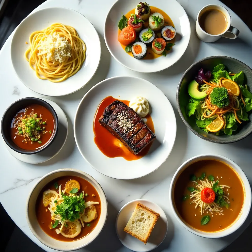 Overhead View: Marble Table of Restaurant Meals