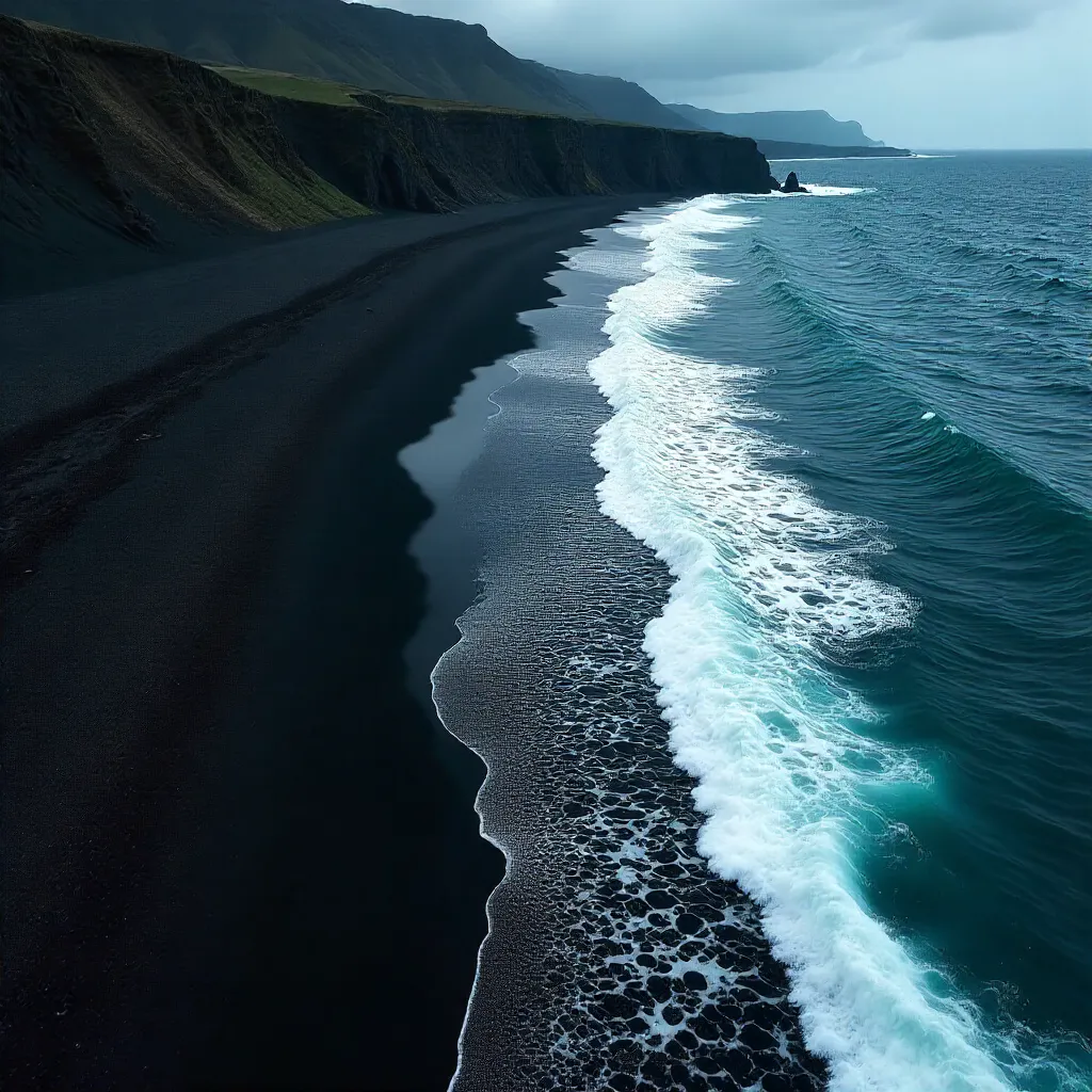 Aerial View: Dramatic Black Sand Waves
