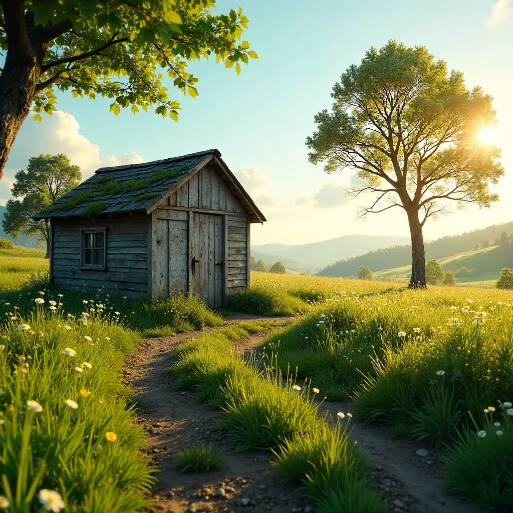Tranquil Rural Scene: Old Shed in a Lush Green Field