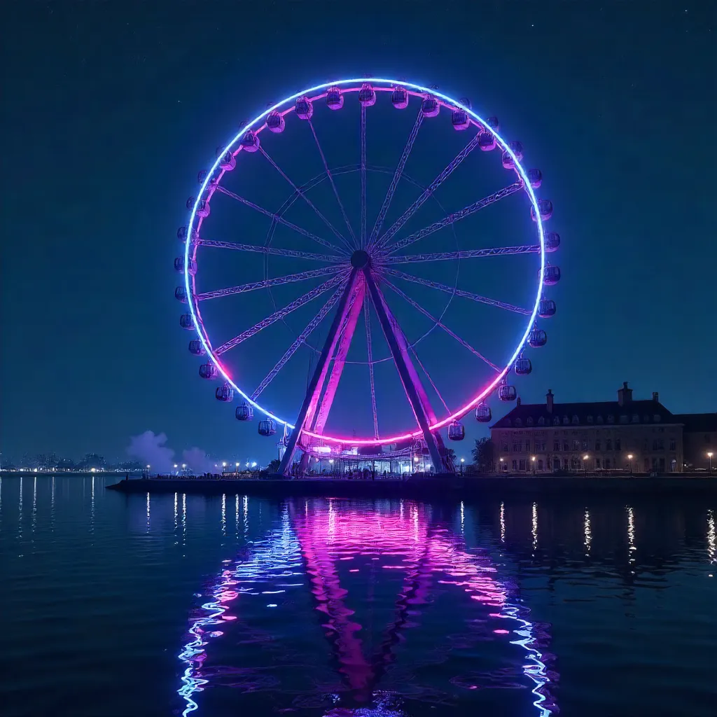 Illuminated Ferris Wheel Reflections at Night