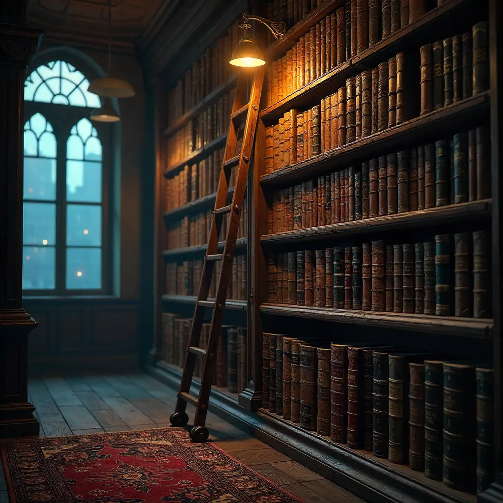 Old Books on a Wooden Shelf in a Dim Library