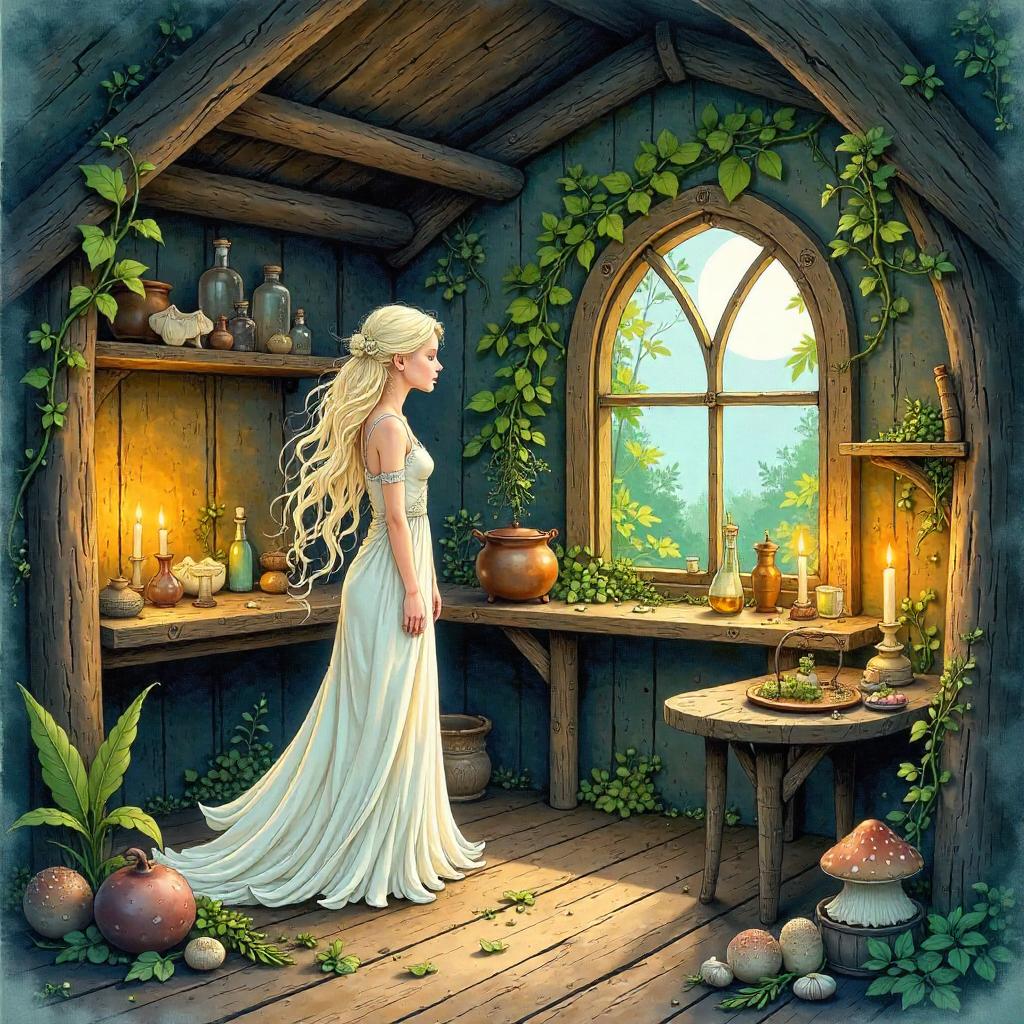 Watercolor Nymph in a Witch's Hut