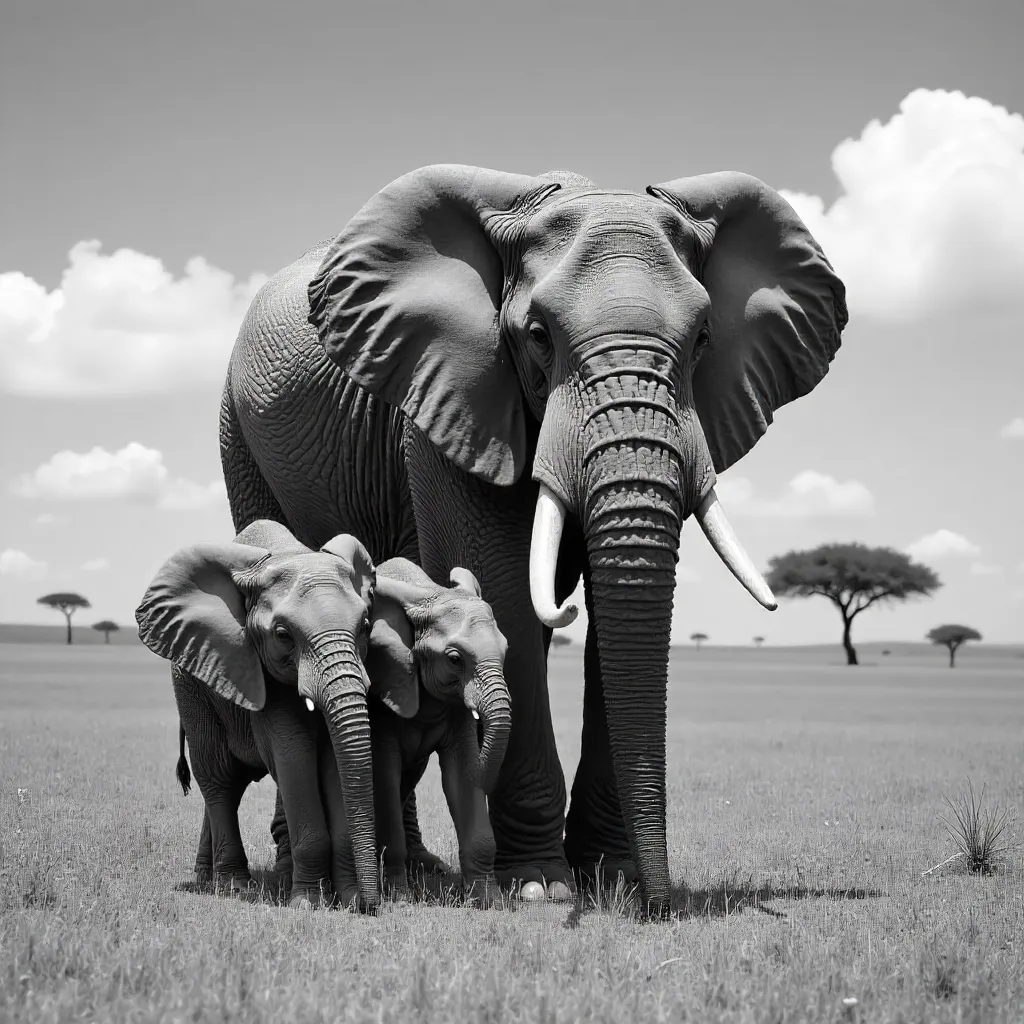 Monochrome Grace: Elephant Family in Namibian Wild