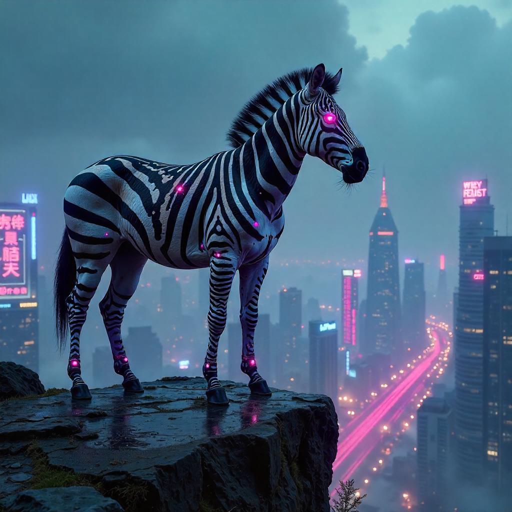 Zebra on Neon Cliff: Cyberpunk Outcrop