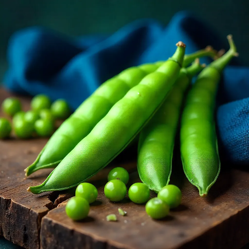 Emerald Green Peas on Rustic Wood with Blue Cloth
