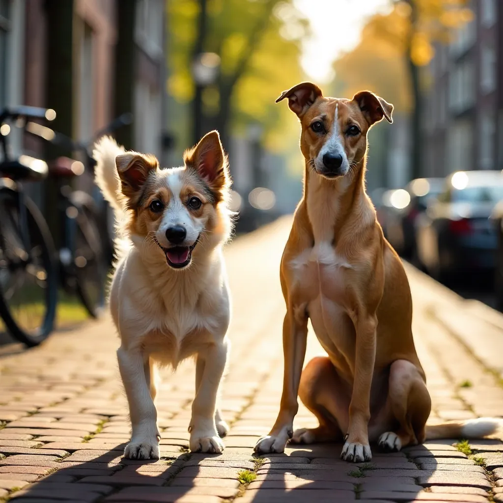 Two Adorable Dogs in a Sunny Amsterdam Street