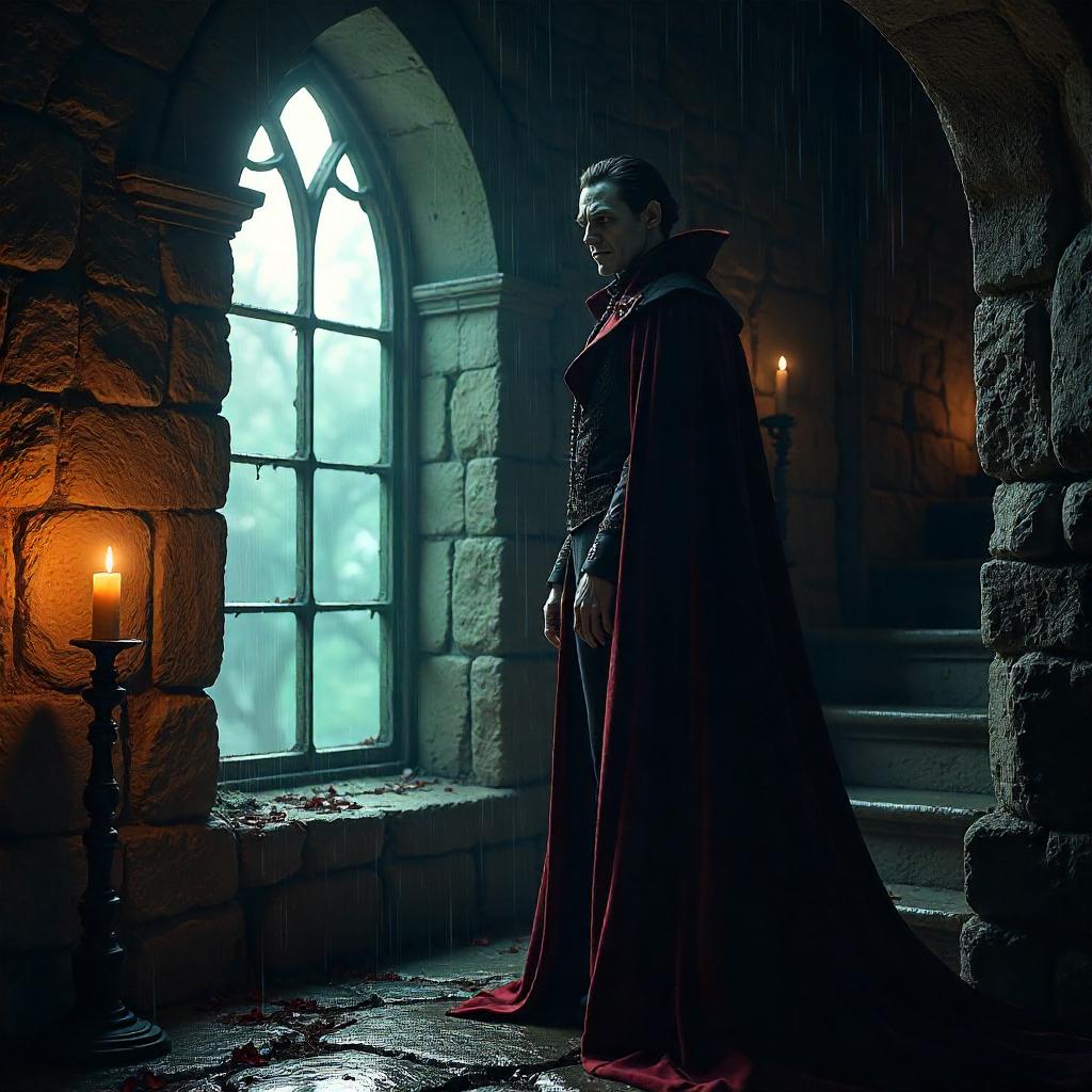 Moonlit Vampire in a Crumbling Tower