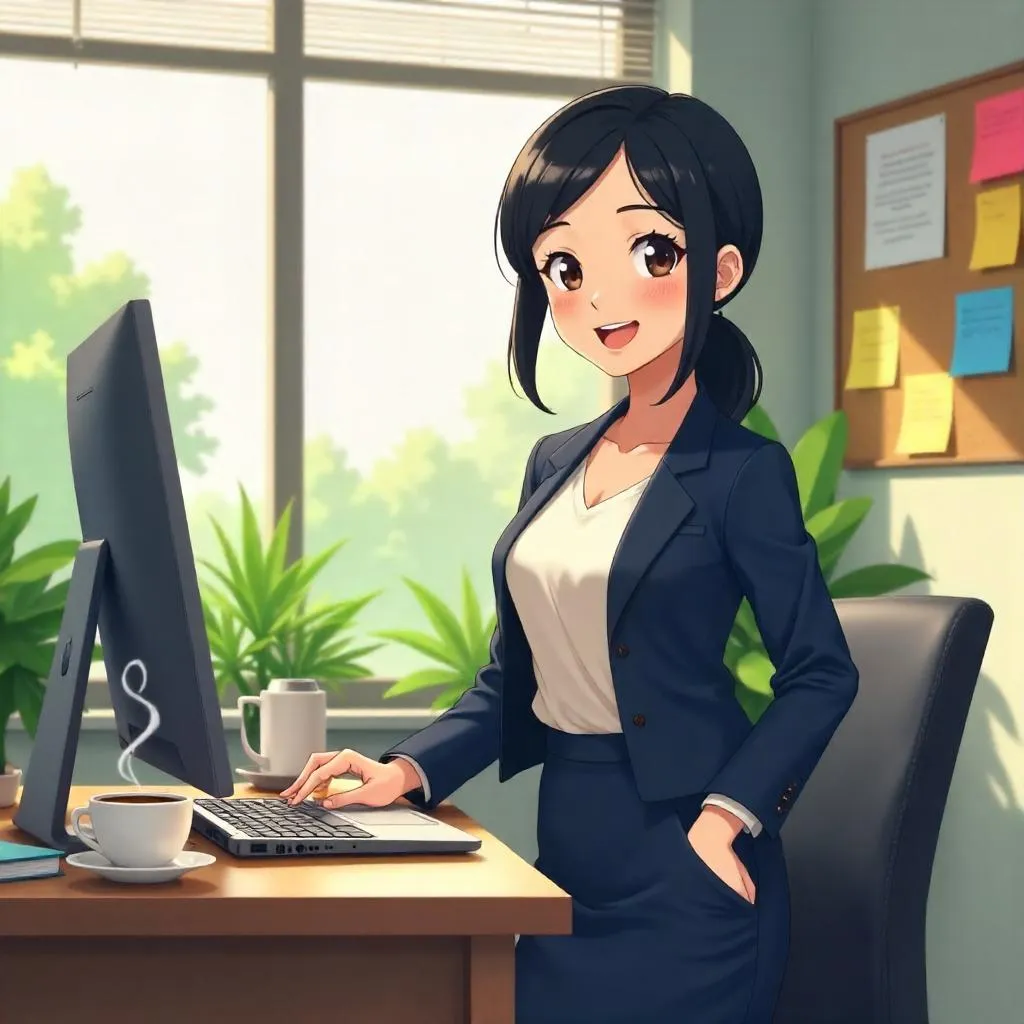 Cheerful Asian Girl in an Anime Office