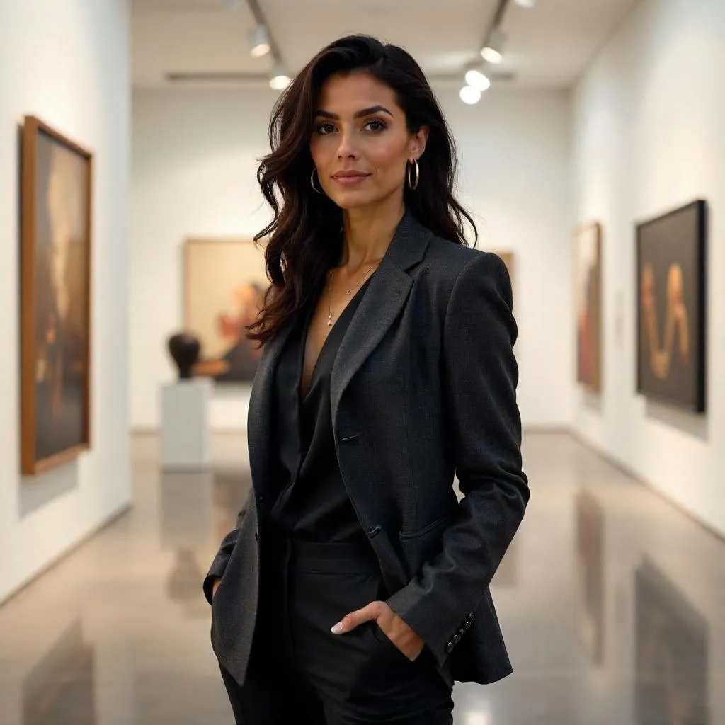 Confident Latina in a Photorealistic Art Gallery