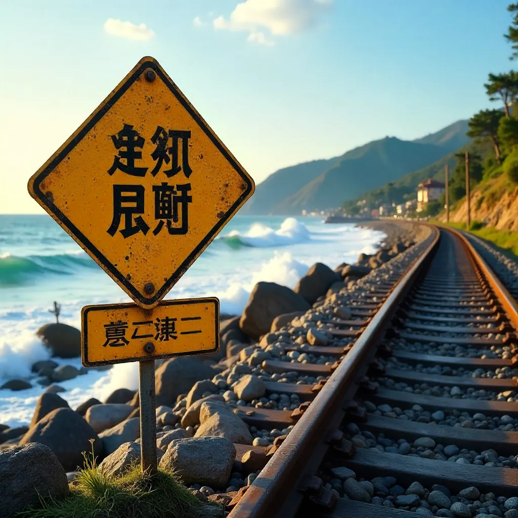 Oceanfront Railway with Erosion Warning Sign, Taitung County, Taiwan