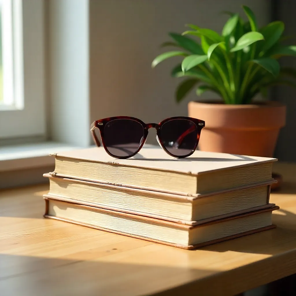 Stylish Desk Setup with Books, Sunglasses, and Plant