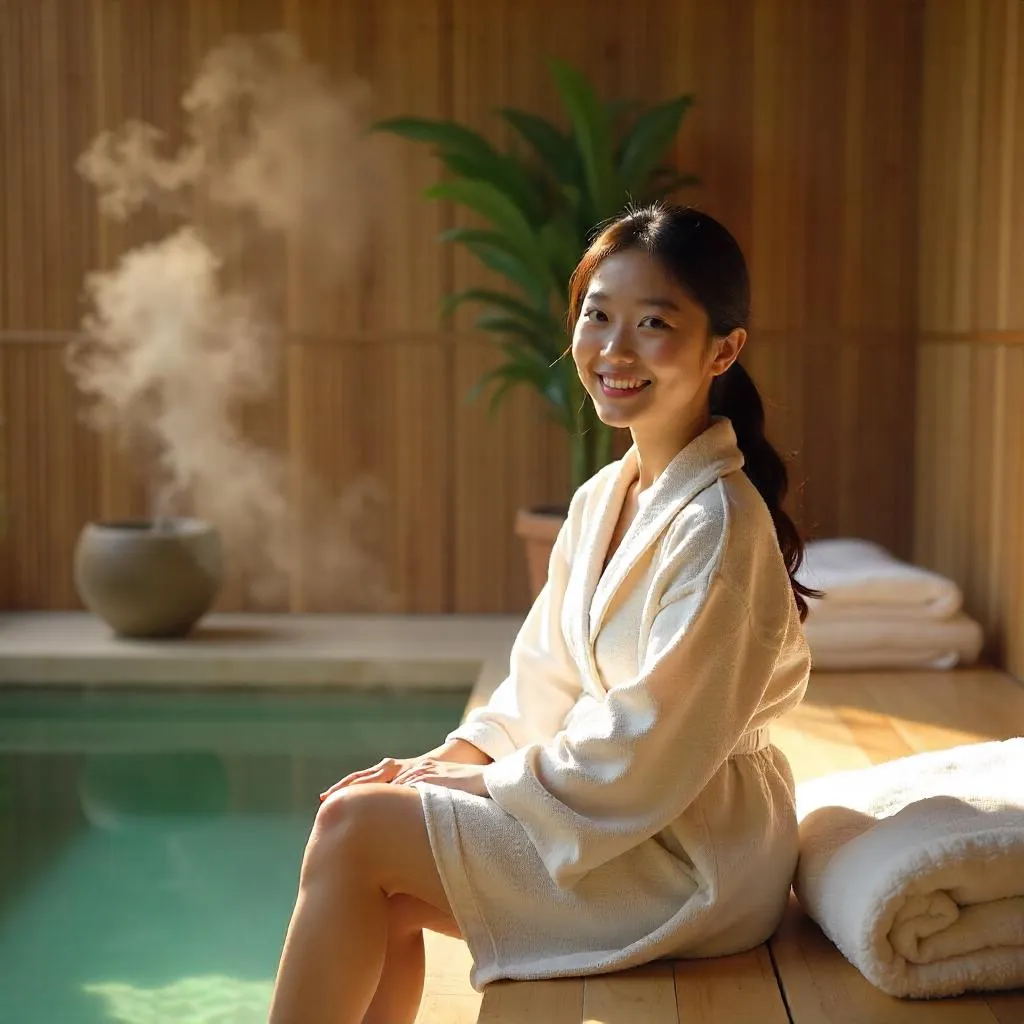 Photorealistic portrait of a cheerful Asian girl in a tranquil spa