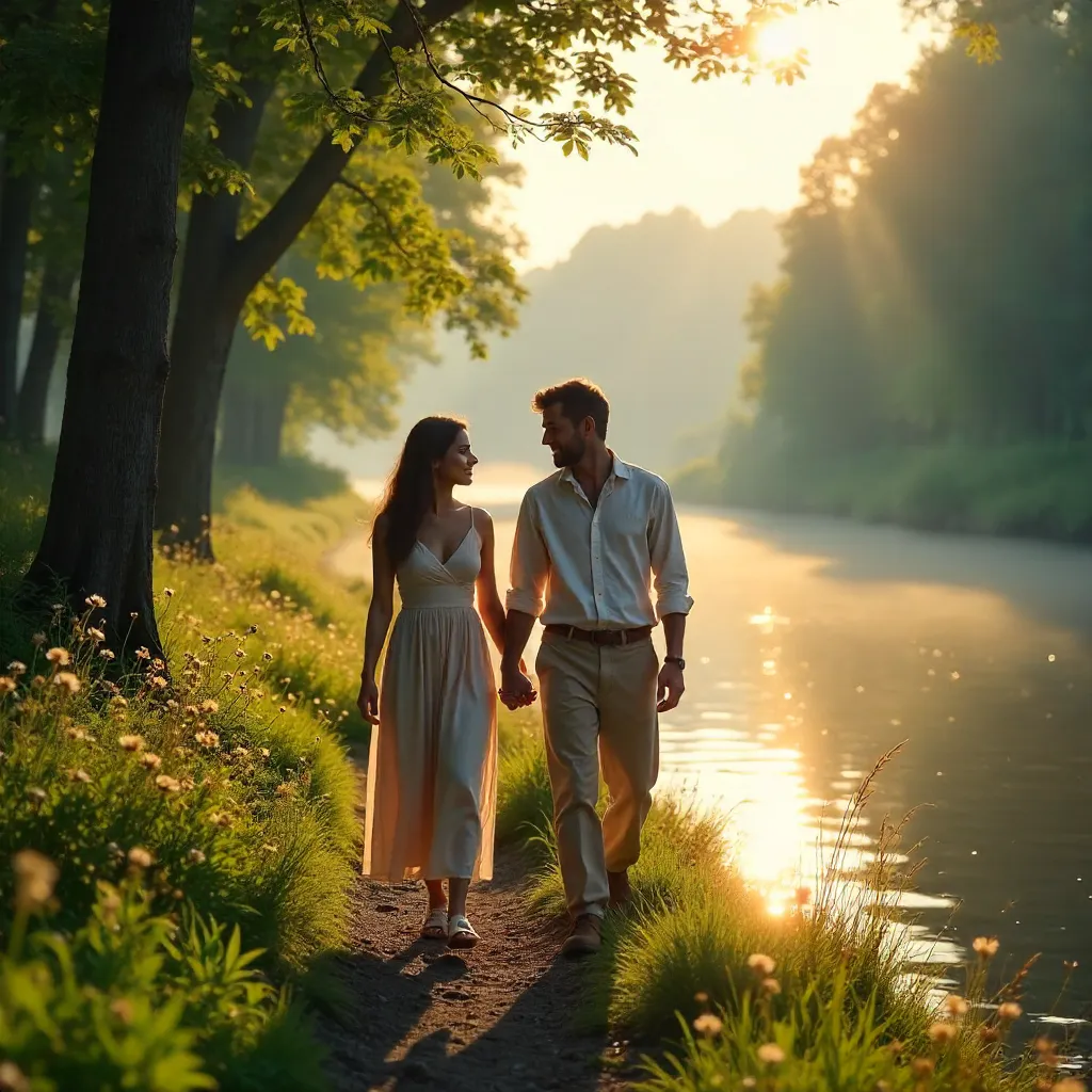 Riverside Embrace: Lovers in Tranquil Dawn
