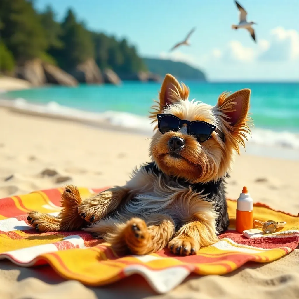Yorkshire Terrier Sunbathing on a Latvian Baltic Beach