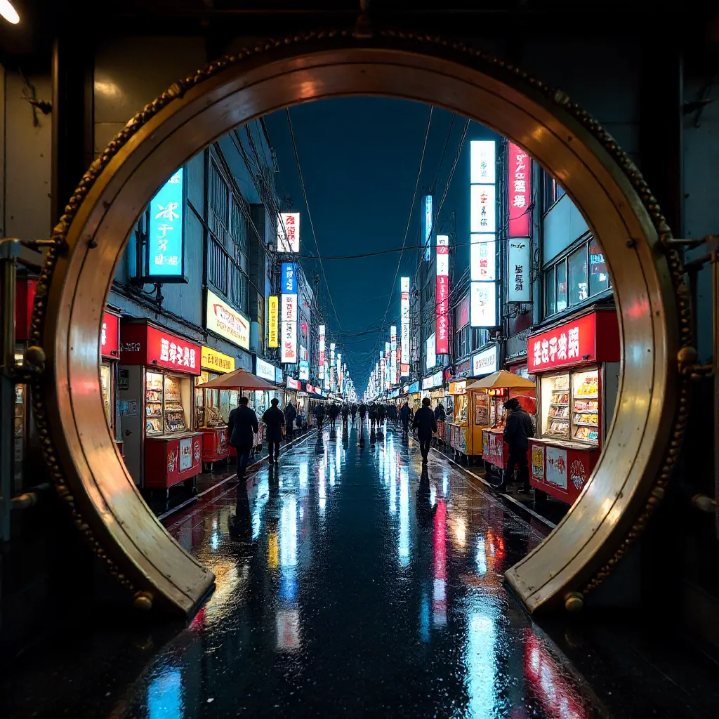 Kaleidoscopic Tokyo Street Through Glass Entry