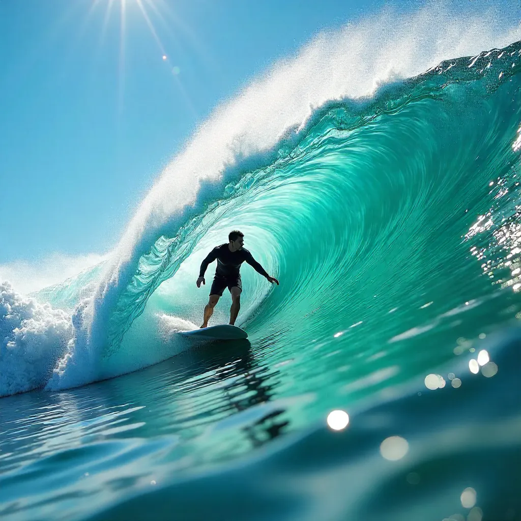Thrilling Turquoise-Wave Surf Ride Under Bright Sky
