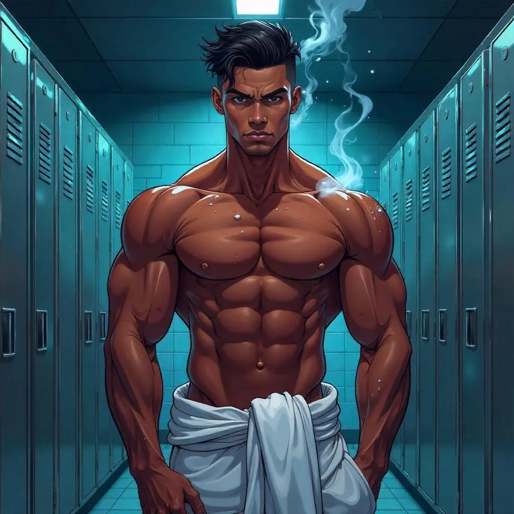 Anime-Style Handsome Black Man in a Locker Room