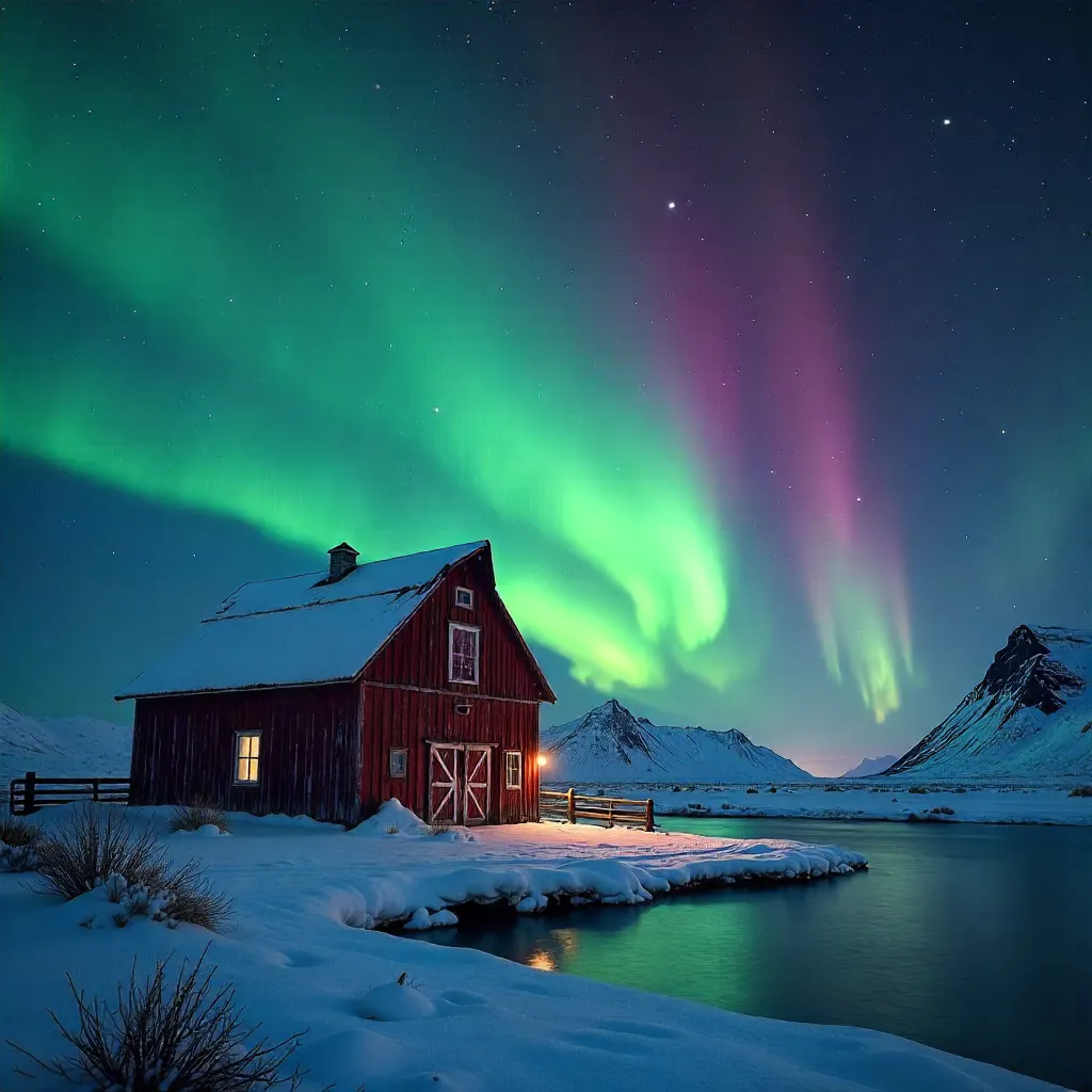 Aurora over a Rustic Icelandic Snowbarn