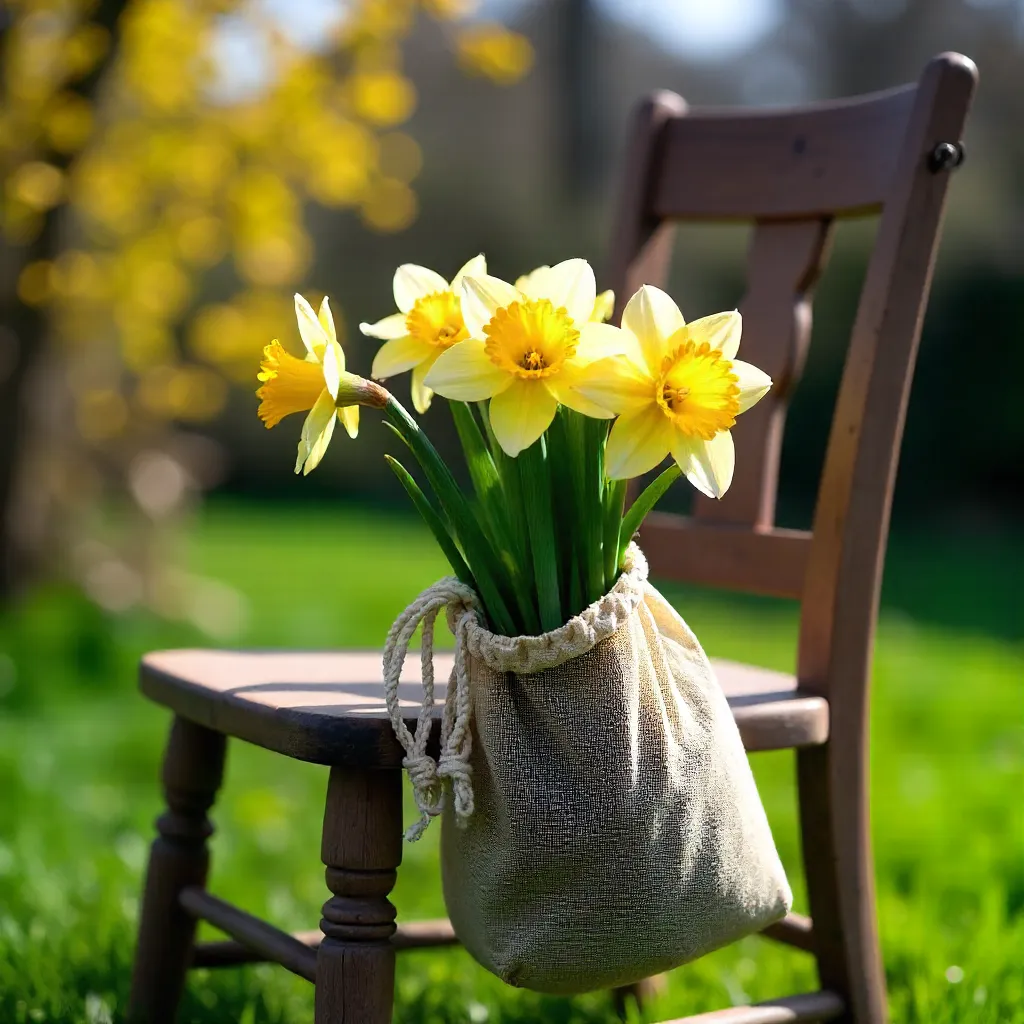 Daffodils in a Mesh Bag on a Rustic Chair