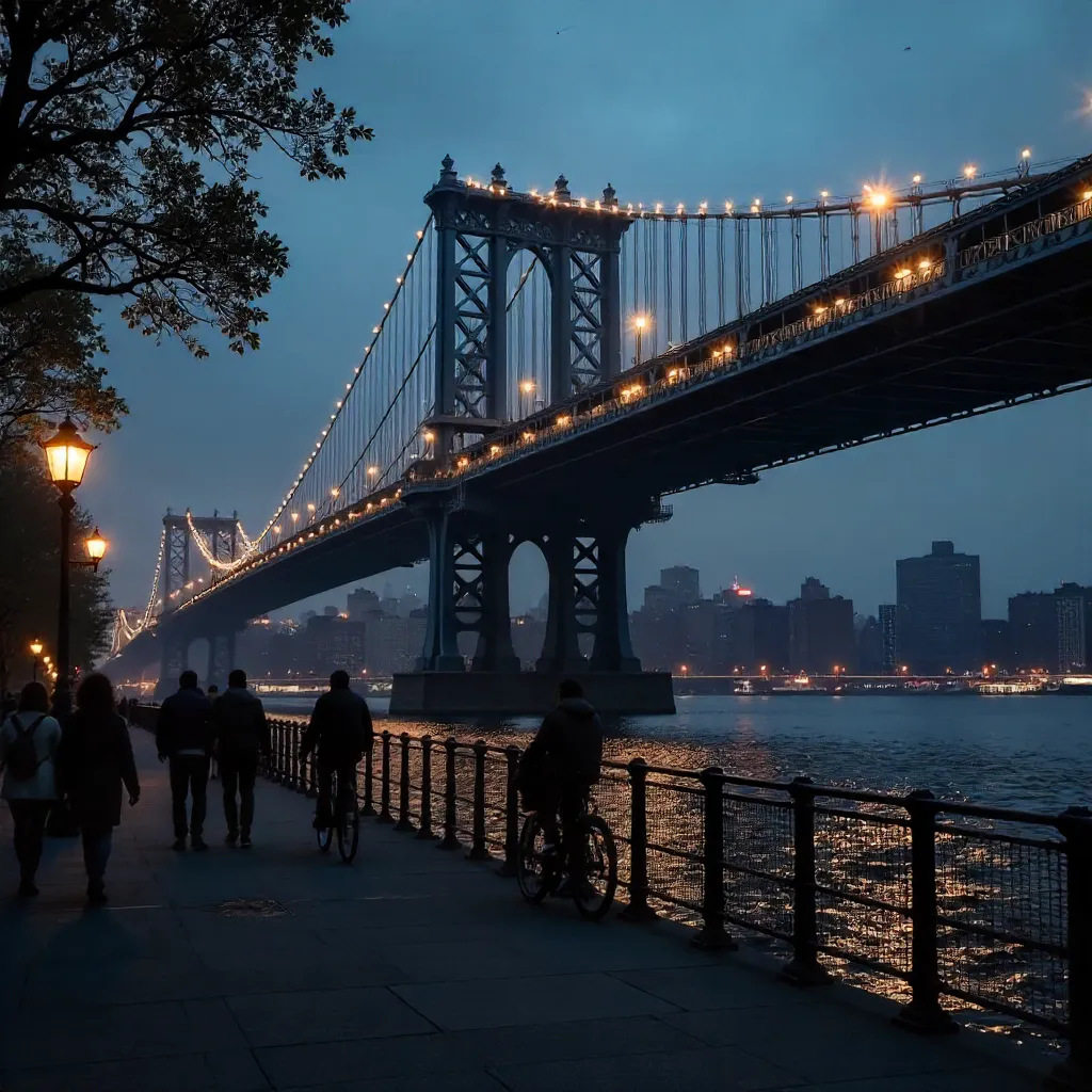 Silhouettes Under the Manhattan Bridge at Dusk