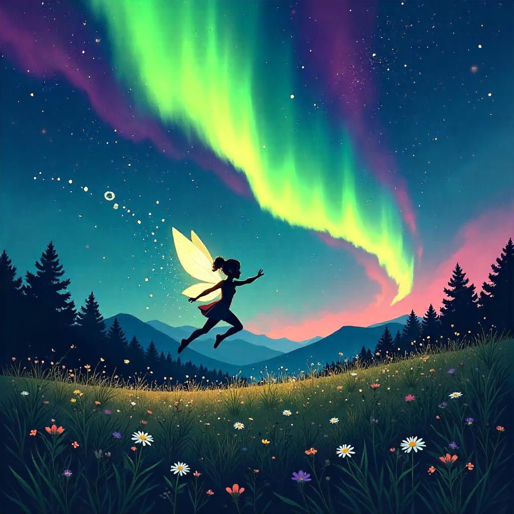 Sprite in Aurora Fields — Comic Book Style