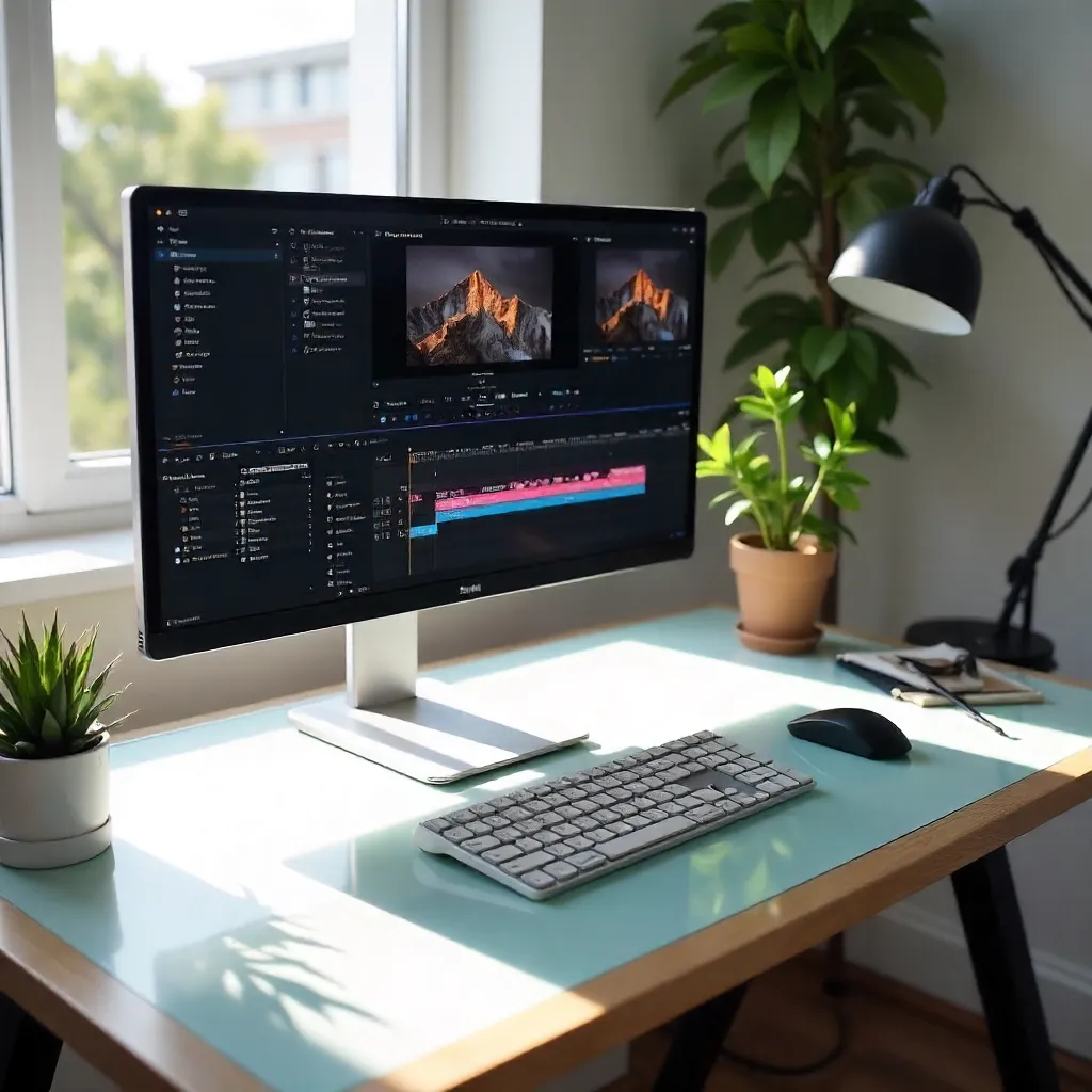 Sleek Modern Editing Desk with Computer Screen
