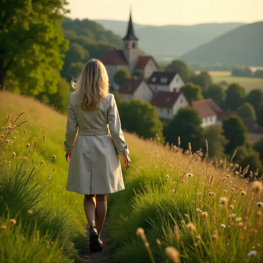 Blonde Woman in a Cream Coat Overlooking a Green Village Valley