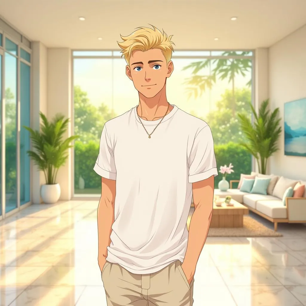 Anime-Style Young White Man in a Luxury Villa Interior